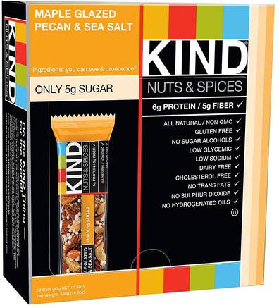Nuts & Spices, Maple Glazed Pecan & Sea Salt, 12 Bars 1.4 oz (40 g) Each by KIND Bars-Kosttillskott, Näringsrika Barer