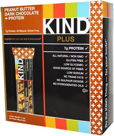 Plus, Fruit & Nut Bars, Peanut Butter Dark Chocolate + Protein, 12 Bars, 1.4 oz (40 g) Each by KIND Bars-Mat, Snacks, Hälsosam Snacks, Kosttillskott, Näringsrika Barer