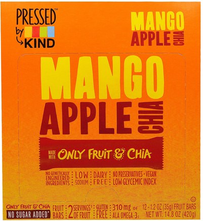 Pressed by KIND, Mango, Apple & Chia, 12 Fruit Bars - 1.2 oz (35 g) by KIND Bars-Mat, Mellanmål, Hälsosam Tilltugg