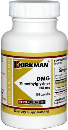 DMG (Dimethylglycine), 125 mg, 100 Capsules by Kirkman Labs-Kosttillskott, Dmg (N-Dimetylglycin), Hälsa