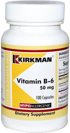 Vitamin B-6, 50 mg, 100 Capsules by Kirkman Labs-Vitaminer, Vitamin B, Vitamin B6 - Pyridoxin