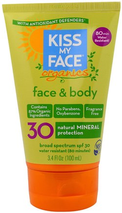 Organics, Face & Body Mineral Sunscreen, SPF 30, 3.4 fl oz (100 ml) by Kiss My Face-Bad, Skönhet, Solskyddsmedel, Spf 30-45