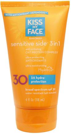 Sensitive Side 3in1 Sunscreen, SPF 30, 4 fl oz (118 ml) by Kiss My Face-Bad, Skönhet, Solskyddsmedel, Spf 30-45
