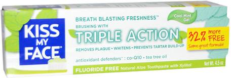 Triple Action Toothpaste, Flouride Free, Cool Mint Gel, 4.5 oz (127.6 g) by Kiss My Face-Bad, Skönhet, Tandkräm, Oral Tandvård, Tandblekning