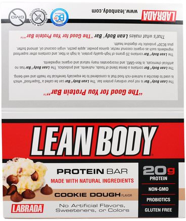 Lean Body Protein Bar, Cookie Dough Flavor, 12 Bars, 2.54 oz (72 g) Each by Labrada Nutrition-Sport, Protein Barer