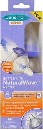 Natural Wave Nipple Bottle, Medium Flow, 8 oz (240 ml) by Lansinoh-Barns Hälsa, Babyfodring