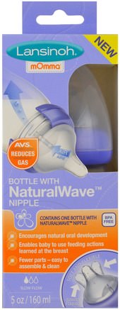 Natural Wave Nipple Bottle, Slow Flow, 5 oz (160 ml) by Lansinoh-Barns Hälsa, Babyfodring