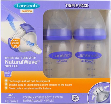 Natural Wave Nipple Bottles, Medium Flow, 3 Bottles, 8 oz (240 ml) Each by Lansinoh-Barns Hälsa, Babyfodring