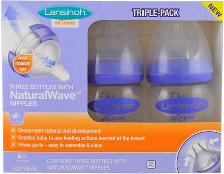 Natural Wave Nipple Bottles, Slow Flow, 3 Bottles, 5 oz (160 ml) Each by Lansinoh-Barns Hälsa, Babyfodring