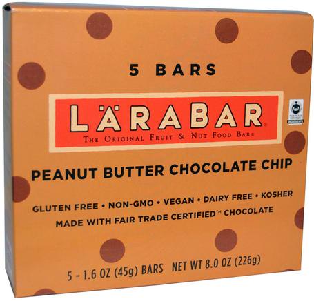 Peanut Butter Chocolate Chip, 5 Bars, 1.6 oz (45 g) Each by Larabar-Larabar, Mat, Friska Snacks, Näringsrika Barer