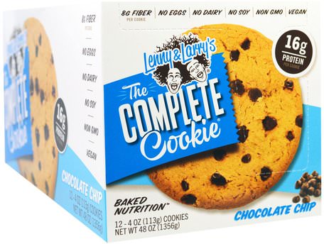 The Complete Cookie, Chocolate Chip, 12 Cookies, 4 oz (113 g) Each by Lenny & Larrys-Sport, Protein Barer