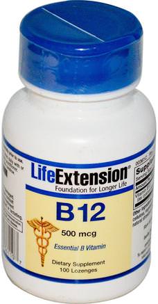B-12, 500 mcg, 100 Lozenges by Life Extension-Vitaminer, Vitamin B, Vitamin B12, Vitamin B12 - Cyanokobalamin