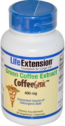CoffeeGenic, Green Coffee Extract, 400 mg, 90 Veggie Caps by Life Extension-Kosttillskott, Antioxidanter, Grönt Kaffebönaxtrakt, Grönt Te