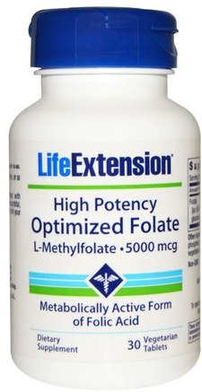 High Potency Optimized Folate, 5000 mcg, 30 Veggie Tabs by Life Extension-Vitaminer, Folsyra, 5-Mthf Folat (5 Metyltetrahydrofolat)