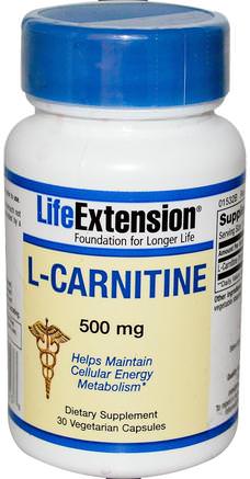 L-Carnitine, 500 mg, 30 Veggie Caps by Life Extension-Kosttillskott, Aminosyror, L Karnitin