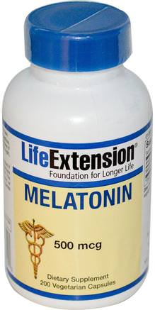 Melatonin, 500 mcg, 200 Veggie Caps by Life Extension-Kosttillskott, Sömn, Melatonin