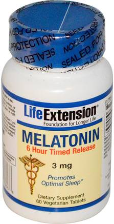 Melatonin, 6 Hour Timed Release, 3 mg, 60 Veggie Tabs by Life Extension-Kosttillskott, Sömn, Melatonin