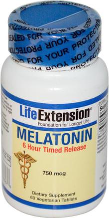 Melatonin, 6 Hour Timed Release, 750 mcg, 60 Veggie Tabs by Life Extension-Kosttillskott, Sömn, Melatonin