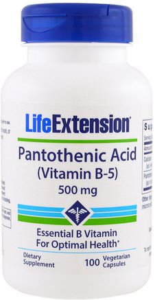 Pantothenic Acid, (Vitamin B-5), 500 mg, 100 Veggie Caps by Life Extension-Vitaminer, Vitamin B, Vitamin B5 - Pantotensyra