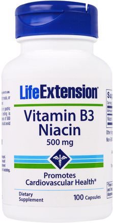 Vitamin B3 Niacin, 500 mg, 100 Capsules by Life Extension-Vitaminer, Vitamin B, Vitamin B3, Vitamin B3 - Niacin