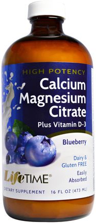 High Potency Calcium Magnesium Citrate, Plus Vitamin D-3, Blueberry, 16 fl oz (473 ml) by Life Time-Kosttillskott, Mineraler, Kalcium Och Magnesium