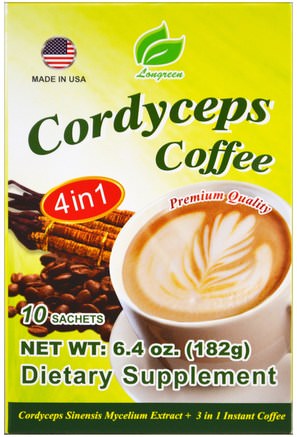 4 in 1 Cordyceps Coffee, 10 Sachets, 6.4 oz (182 g) by Longreen Corporation-Mat, Kaffe, Omedelbar Kaffe, Tillskott, Medicinska Svampar