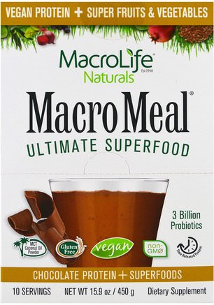 MacroMeal Ultimate Superfood, Chocolate Protein + Superfoods, 10 Packets, 15.9 oz (450 g) by Macrolife Naturals-Kosttillskott, Protein