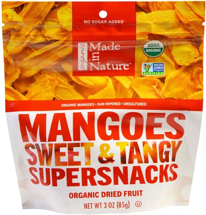 Organic Mangos Sweet & Tangy Supersnacks, 3 oz (85 g) by Made in Nature-Mat, Torkad Frukt, Mango