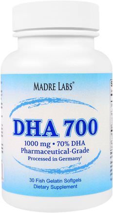 DHA 700 Fish Oil, Pharmaceutical Grade, German Processed, No GMOs, No Gluten, 1000 mg, 30 Fish Gelatin Softgels by Madre Labs-Kosttillskott, Efa Omega 3 6 9 (Epa Dha), Dha, Fiskolja Mjölk