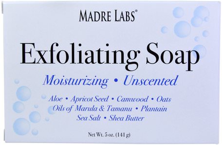 Exfoliating Soap Bar with Marula & Tamanu Oils plus Shea Butter, Unscented, 5 oz (141 g) by Madre Labs-Madre Labs Exfoliating Tvål, Bad, Skönhet, Tvål