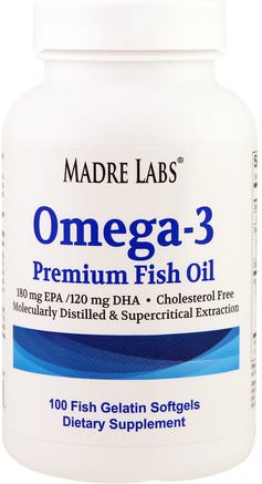 Omega-3 Premium Fish Oil, No GMOs, No Gluten, 100 Fish Gelatin Softgels by Madre Labs-Kosttillskott, Efa Omega 3 6 9 (Epa Dha), Omega 369 Caps / Tabs