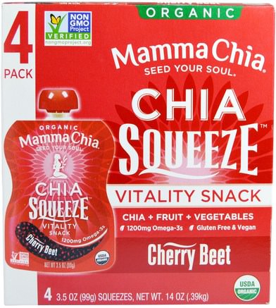 Chia Squeeze Vitality Snack, Cherry Beet, 4 Squeezes, 3.5 oz (99 g) Each by Mamma Chia-Kosttillskott, Efa Omega 3 6 9 (Epa Dha), Chia Frön