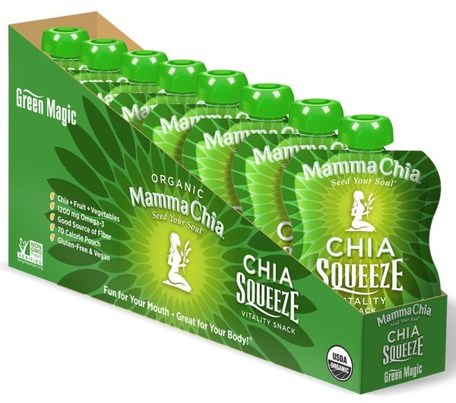 Chia Squeeze Vitality Snack, Green Magic, 8 Pouches, 3.5 oz (99 g) Each by Mamma Chia-Kosttillskott, Efa Omega 3 6 9 (Epa Dha), Chia Frön