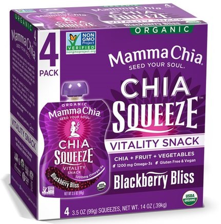 Organic Chia Squeeze, Vitality Snack, Blackberry Bliss, 4 Squeezes, 3.5 oz (99 g) Each by Mamma Chia-Kosttillskott, Efa Omega 3 6 9 (Epa Dha), Chia Frön