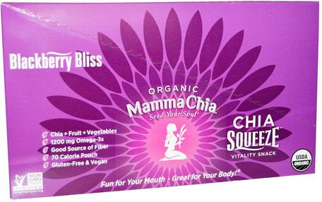 Organic Chia Squeeze Vitality Snack, Blackberry Bliss, 8 Pouches, 3.5 oz (99 g) Each by Mamma Chia-Kosttillskott, Efa Omega 3 6 9 (Epa Dha), Chia Frön