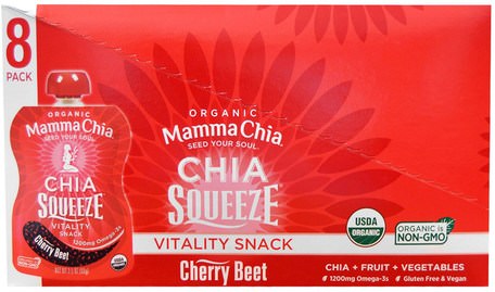 Organic Chia Squeeze, Vitality Snack, Cherry Beet, 8 Pouches, 3.5 oz (99 g) Each by Mamma Chia-Kosttillskott, Efa Omega 3 6 9 (Epa Dha), Chia Frön