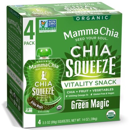 Organic Chia Squeeze, Vitality Snack, Green Magic, 4 Pouches, 3.5 oz (99 g) Each by Mamma Chia-Kosttillskott, Efa Omega 3 6 9 (Epa Dha), Chia Frön