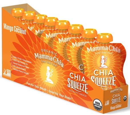 Organic Chia Squeeze, Vitality Snack, Mango Coconut, 8 Pouches, 3.5 oz (99 g) Each by Mamma Chia-Kosttillskott, Efa Omega 3 6 9 (Epa Dha), Chia Frön