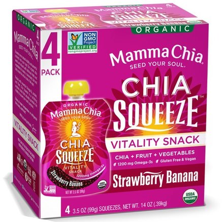 Organic Chia Squeeze, Vitality Snack, Strawberry Banana, 4 Squeezes, 3.5 oz (99 g) Each by Mamma Chia-Kosttillskott, Efa Omega 3 6 9 (Epa Dha), Chia Frön