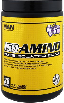 ISO-Amino, Pure Isolated BCAA, Grape Bubble Gum, 7.41 oz (210 g) by MAN Sport-Sport, Kosttillskott, Bcaa (Förgrenad Aminosyra)