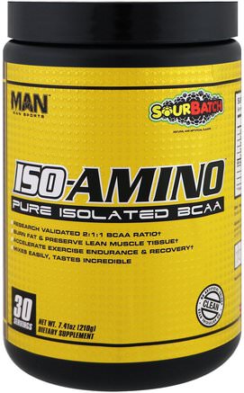 ISO-Amino, Pure Isolated BCAA, Sour Batch, 7.41 oz (210 g) by MAN Sport-Sport, Kosttillskott, Bcaa (Förgrenad Aminosyra)