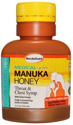 Manuka Honey 16+, Throat & Chest Syrup, Alcohol Free, 3.4 oz (100 ml) by Manuka Guard-Barns Hälsa, Kall Influensavhosta, Kall Influensa Och Virus, Hostasirap