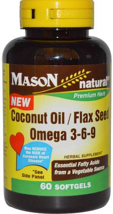 Coconut Oil / Flax Seed Omega 3-6-9, 60 Softgels by Mason Naturals-Kosttillskott, Efa Omega 3 6 9 (Epa Dha), Fiskolja
