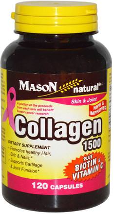 Collagen 1500, Plus Biotin & Vitamin C, 120 Capsules by Mason Naturals-Hälsa, Ben, Osteoporos, Kollagen, Kvinnor, Hårtillskott, Nageltillskott, Hudtillskott