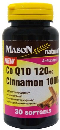 CoQ10, Cinnamon, 120 mg, 1000 mg, 30 Softgels by Mason Naturals-Örter, Kanel Extrakt, Koenzym Q10, Coq10