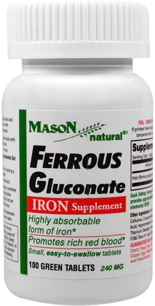 Ferrous Gluconate, Iron, 100 Green Tablets by Mason Naturals-Kosttillskott, Mineraler, Järn