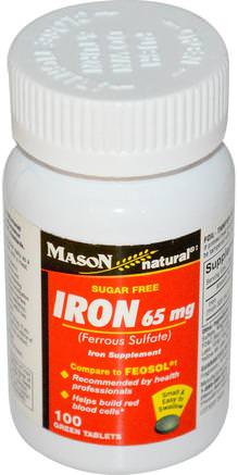 Iron, Sugar Free, 65 mg, 100 Green Tablets by Mason Naturals-Kosttillskott, Mineraler, Järn