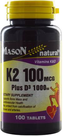 K2 Plus D3, 100 mcg/1000 IU, 100 Tablets by Mason Naturals-Vitaminer, Vitamin D3, Vitamin K