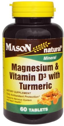 Magnesium & Vitamin D3 with Turmeric, 60 Tablets by Mason Naturals-Kosttillskott, Antioxidanter, Curcumin, Vitaminer, Vitamin D3