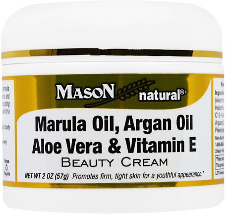 Marula Oil, Argan Oil Aloe Vera & Vitamin E Beauty Cream, 2 oz (57 g) by Mason Naturals-Skönhet, Ansiktsvård, Hudtyp Anti-Åldrande Hud, Krämer Lotioner, Serum